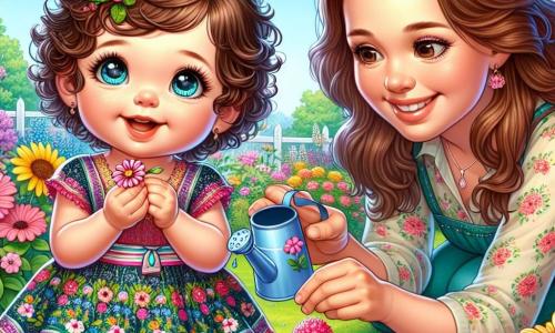 Una niña de 2 años, llamada Lila, está en el centro de la imagen, con ojos brillantes de curiosidad y una gran sonrisa. Tiene el cabello rizado y castaño, y lleva un vestido colorido con motivos de flores. Lila está agachada en su jardín, sosteniendo delicadamente una pequeña flor entre sus manos, como si la descubriera por primera vez. Junto a ella, su madre, una mujer de unos 30 años, se inclina sonriendo. Tiene el cabello largo y castaño y lleva una blusa ligera. Riega las otras flores del jardín con una regadera, añadiendo vida al entorno. El jardín es mágico, lleno de flores de todos los colores: rosas, amarillas, violetas y azules. Mariposas revolotean alrededor de las flores, y el sol brilla en un cielo azul claro, creando una atmósfera alegre y luminosa. La escena principal muestra a Lila, maravillada por la belleza de las flores, hablando con su madre sobre sus sueños, mientras una estrella brillante es visible en el cielo, simbolizando la inspiración y la esperanza.