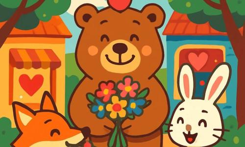 Un gran oso pardo, llamado Bruno, está en el centro de la escena, sonriendo con alegría y con ojos brillantes. Lleva un pequeño sombrero en forma de corazón y sostiene un ramo de flores coloridas en sus patas, listo para ofrecerlo. A su derecha, una pequeña coneja blanca, la Señora Coneja, sonríe alegremente mientras sostiene un plato de pasteles en forma de corazón. A su izquierda, un astuto zorro, el Señor Zorro, con pelaje naranja brillante y una cola espesa, mira a Bruno con complicidad, sosteniendo un ramo de flores en su boca, listo para ofrecerlo a una amiga. El decorado es una encantadora calle del bosque, adornada con guirnaldas de corazones rosas y rojos colgadas entre los árboles, con tiendas coloridas en las ventanas decoradas con corazones y luces centelleantes. La escena muestra a Bruno, rodeado de sus amigos, compartiendo flores y sonrisas, celebrando alegremente el día de San Valentín en un ambiente festivo y cálido.