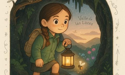 Lucía, niña de 10 años de rostro redondo, cabello castaño trenzado y ojos grandes y brillantes, sostiene una pequeña linterna metálica que proyecta una luz cálida; lleva chaqueta verde, mochila de lona beige y botas embarradas, y está en la entrada de una cueva oscura con un pie sobre una piedra musgosa. Una diminuta luciérnaga dorada y luminosa vuela frente a la linterna con un halo de esperanza, mientras un gran búho de plumaje gris y ojos ámbar se posa en una rama sobre la entrada, mirando con calma benévola. Las paredes de la cueva son de piedra negra salpicada de líquenes verdes, con estalactitas finas y un suelo húmedo que refleja la luz; al fondo, por una abertura, se intuye el Valle de las Luces con flores luminosas rosa y azul y colinas ámbar bajo un cielo crepuscular. La escena principal muestra a la niña extendiendo su linterna hacia la luciérnaga en un momento íntimo y mágico de intercambio de luz y consuelo.