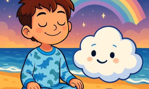 An 8-year-old boy with messy brown hair and sparkling curious eyes is sitting on the soft sand of a beach at dusk. He is wearing dinosaur-patterned pajamas and has a serene smile, eyes closed, breathing deeply with his hands on his knees. Beside him, a fluffy cloud named Nimbus, round in shape with bright eyes, floats slightly above the ground, wearing a gentle smile as if whispering soothing secrets to the boy. The tranquil beach is bathed in golden light, with waves softly murmuring as they recede to the shore. The sky is dotted with twinkling stars, and a pastel-colored nighttime rainbow stretches majestically over the calm sea, creating a magical and serene atmosphere. The main scene shows the boy relaxing and connecting with the magic of the night, breathing deeply while Nimbus encourages him to listen to the gentle song of the waves and be carried away by the calm of the moment.
