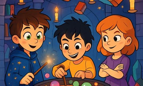 Elio, un giovane mago di dieci anni, ha i capelli castani disordinati e occhi verdi pieni di curiosità. Indossa una veste da mago blu notte decorata con stelle scintillanti e tiene una bacchetta magica che emana una dolce luce dorata. Il suo volto esprime meraviglia e determinazione mentre si trova davanti a un enorme calderone pieno di bolle colorate. Accanto a lui, Timo, un ragazzo di dieci anni con capelli neri arruffati e occhi ambra, mescola ingredienti nel calderone con un sorriso malizioso. Viola, una ragazza di dieci anni con capelli rossi e lentiggini, osserva attentamente, pronta a intervenire con una formula magica. La scena si svolge nella Sala delle Meraviglie di Ombrafulgida, un luogo incantevole con muri di pietra scintillante, dove libri volanti fluttuano intorno a loro. Candele fluttuanti illuminano la stanza con una luce calda e cristalli colorati brillano negli angoli. Elio, Timo e Viola stanno preparando un incantesimo magico per salvare la loro scuola, circondati da un'atmosfera di mistero ed eccitazione, mentre si preparano a scoprire il potere nascosto della loro amicizia.
