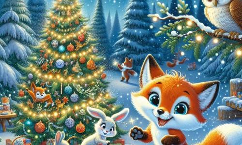 An illustration depicts a joyful fox with bright orange fur and a fluffy white tail, bouncing in sparkling snow. Its bright eyes express excitement as it admires a beautiful Christmas tree adorned with twinkling lights and colorful ornaments. Near the tree, a small rabbit with big ears and soft white fur looks worried, trying to free itself from the tree branches. A wise owl with brown feathers and large round eyes watches from a branch, displaying an encouraging expression. The main setting is an enchanted clearing surrounded by tall snow-covered trees, with shimmering snowflakes gently falling from the starry sky. The tree stands proudly at the center, illuminated by dancing lights in the darkness. The main scene shows the fox and its friends working together to decorate the tree, laughing and sharing moments of camaraderie, with swirling snowflakes adding a magical touch to the festive atmosphere. Other graphic elements include gingerbread cookies on a small table nearby, colorful garlands hanging from the tree branches, and twinkling stars in the night sky, creating a warm and joyful ambiance.