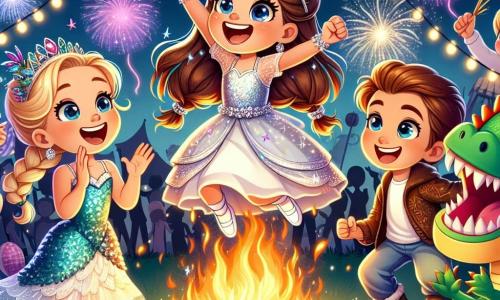 Uma menina de 8 anos, Sofia, com longos cabelos castanhos e olhos brilhantes de alegria, usa um vestido brilhante e uma tiara de estrelas. Ela salta de felicidade, cercada por seus amigos, com um grande sorriso no rosto. Ao lado dela, Ana, uma menina de 7 anos com cabelos loiros trançados e um vestido de sereia cintilante, aplaude com entusiasmo. Lucas, um menino de 8 anos com cabelos castanhos e um traje de dragão, faz caretas engraçadas, contribuindo para a atmosfera festiva. A cena acontece no jardim de Sofia, decorado com luzes coloridas e balões flutuantes. Uma grande fogueira crepita no centro, cercada por amigos rindo e dançando. A situação principal mostra Sofia e seus amigos pulando alegremente sobre a fogueira, celebrando juntos a chegada do Ano Novo, com fogos de artifício coloridos iluminando o céu noturno.