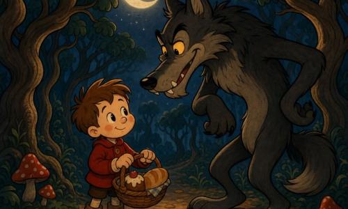 Een 4-jarige jongen, dapper maar lichtelijk bang, rond gezicht, roze wangen, warrig bruin haar, draagt een rood jasje, bruine leren laarsjes en houdt een rieten mandje met brood en cake, een grote imposante wolf rechts van de jongen met donkergrijze vacht en zwarte lokken, amberkleurige ogen en een half-glimlachende, half-dreigende uitdrukking, staand op achterpoten en naar hem toe gebogen, de bomen van het Fluisterbos hebben slanke golvende stammen en donkergroene waaierbladeren met takken die bogen vormen boven de figuren en enkele rode paddenstoelen op de grond, een wassende zilveren maan hoog aan een sterrenhemel werpt zacht halo-licht, warme clair-obscur sfeer met sterke contrasten, lange schaduwen en dikke contouren in vintage stripstijl, medium shot met de jongen links van het midden en de wolf rechts, mand op de voorgrond en bomen die een tunnel vormen, beperkt verzadigd palet (rood, bruin, diepgroen, grijs, nachtblauw), gladde texturen, zwarte lijnen en grote eenvoudige vormen