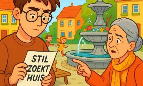 Een jonge man, Tom, ongeveer 25 jaar oud, met rommelig bruin haar en ronde bril, kijkt aandachtig naar een klein papiertje in zijn hand. Zijn uitdrukking is geconcentreerd en nieuwsgierig, met gefronste wenkbrauwen en een lichte glimlach op zijn lippen. Naast hem wijst een oudere vrouw, mevrouw Bakker, ongeveer 60 jaar oud, met grijs haar in een knot en een kleurrijke jas, naar een stenen fontein versierd met bloemen. Ze lijkt bezorgd maar ook vol hoop. De locatie is een charmant dorpsplein, omringd door huizen met kleurrijke gevels, met een grote fontein in het midden waar het water onder de zon glinstert. Houten banken staan rond de fontein, en kinderen spelen in de buurt, lachend en rennend. De belangrijkste situatie toont Tom die het papiertje met de mysterieuze woorden "STIL, ZOEKT, HUIS" onderzoekt, terwijl mevrouw Bakker hem observeert, ongeduldig om het geheim achter deze boodschappen te ontdekken.