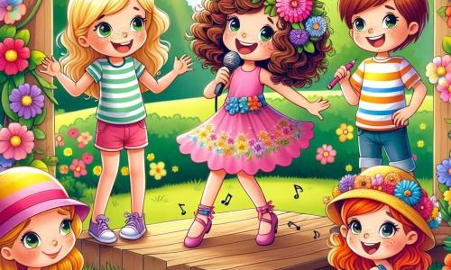 In un parco soleggiato, quattro amiche si trovano su un palco improvvisato di legno, circondate da fiori colorati e alberi verdi. Lila, una ragazza di 10 anni con capelli ricci e castani, indossa un abito rosa e danza felice. Sara, anch'essa di 10 anni, ha capelli biondi e un cappello colorato con fiori, seduta su una coperta con matite e fogli per disegnare. Giulia, una ragazza di 9 anni con capelli rossi e lentiggini, canta entusiasta con un microfono in mano, indossando una maglietta a righe e pantaloni corti di jeans. Martina, la più timida, ha 9 anni, capelli lisci e castani, indossa un vestito blu e si trova al centro con un libro aperto, pronta a condividere la sua storia. Il parco è pieno di risate e colori vivaci, con palloni che fluttuano nel cielo blu. Martina, un po' nervosa ma determinata, legge la sua storia alle amiche, che l'ascoltano attentamente, i volti illuminati dalla gioia e dall'incoraggiamento.