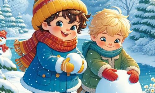 Un niño de 3 años, Lucas, con cabello castaño desordenado y mejillas sonrosadas, está de pie en un jardín nevado, riendo de alegría. Lleva un abrigo azul brillante, un gorro amarillo y botas rojas, mientras sostiene una bola de nieve en sus manos. A su lado, su amigo Tomás, un niño de 4 años con cabello rubio y ojos brillantes, está haciendo una bola de nieve grande para construir un muñeco de nieve. Tomás lleva un abrigo verde y una bufanda roja, compartiendo un momento de complicidad con Lucas. El lugar es un jardín invernal, con árboles cubiertos de nieve brillante, copos cayendo del cielo azul claro, y un pequeño arroyo congelado que serpentea por el paisaje. La escena principal muestra a Lucas y Tomás, rodeados de nieve, construyendo un alegre muñeco de nieve, con sonrisas en sus rostros, capturando la magia y diversión de un día de invierno.