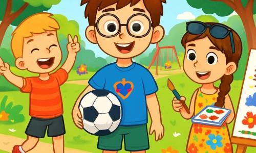 Hay 3 personajes: - Martín: un niño de 10 años con cabello castaño desordenado y gafas redondas. Lleva una camiseta azul con un dibujo de superhéroe y un short verde. Está de pie en el centro, sonriendo, sosteniendo un balón de fútbol. - Lucas: un niño de 10 años con cabello rubio corto y una expresión alegre. Lleva una camiseta roja a rayas y un short negro. Está ligeramente a la izquierda de Martín, riendo y haciendo un gesto de victoria con los brazos. - Sofía: una niña de 10 años con cabello castaño largo trenzado y gafas de sol en la cabeza. Lleva un vestido de flores coloridas y sandalias. Está a la derecha de Martín, sosteniendo una caja de pintura y un pincel, lista para crear una obra de arte. La escena se desarrolla en un parque soleado, lleno de vegetación, con árboles de hojas verdes brillantes que rodean un gran césped. Al fondo, se ve un área de juegos colorida con columpios y un tobogán. Flores multicolores bordean los caminos, y niños juegan alegremente a su alrededor. La situación principal muestra a los tres amigos divirtiéndose juntos, lejos de las pantallas. Ríen, juegan al fútbol y pintan dibujos en un gran lienzo, simbolizando su amistad y creatividad.