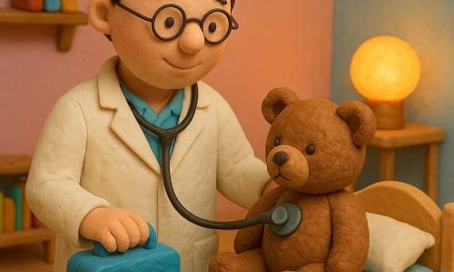 Un medico uomo, sorridente e calmo, capelli castani corti e occhiali rotondi, in camice bianco tiene una piccola valigia blu che ricorda un mare in miniatura; ascolta con affetto un orsetto di peluche marrone un po' consumato con l'orecchio rattoppato, appoggiando delicatamente lo stetoscopio sul suo petto; l'orsetto è seduto su un lettino per bambini al centro della stanza illuminata da una calda luce serale da lampada tonda che crea ombre morbide e un'atmosfera avvolgente; la stanza è una sala di consulenza infantile con pareti pastello rosa e azzurre, scaffali bassi con libri colorati e alcune campanelle decorative su un tavolo in legno; scena principale: il medico compie una visita tranquilla della buonanotte, parlando piano e rassicurando con gesti lenti e teneri.