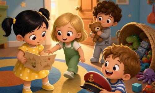 Hay cuatro niños: Luna, ~3 años, cabello negro en coletas, vestido amarillo de lunares blancos, sostiene un papel-mapa, a la izquierda mirando al suelo; Nico, ~3 años, cabello castaño claro despeinado, camiseta a rayas azul y blanca, ríe a la derecha sosteniendo un pequeño sombrero de capitán rojo; Sara, ~3 años, cabello rubio liso, peto verde, avanza en el centro con la mano tendida hacia Luna, rostro concentrado y dulce; Tomi, ~3 años, cabello rizado castaño, pijama gris con un osito, abraza su peluche marrón detrás de los demás, algo tímido pero sonriente. Escenario: un largo pasillo interior con suelo de parquet claro y una alfombra colorida, paredes azul pálido con dibujos de estrellas y animales, una puerta de madera entreabierta que deja entrar una luz cálida y una cesta de juguetes volcadas a la derecha. Situación: los cuatro pequeños exploran el pasillo como un camino secreto; una pequeña estrella adhesiva brillante en el suelo parpadea como señal, ambiente seguro, curioso y alegre.