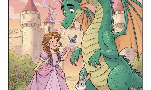 Una coraggiosa e sorridente principessa dai capelli castano chiaro in trecce morbide, vestito pastello a volant leggermente spiegazzato, porge un piccolo gioiello brillante a un drago imponente ma benevolo; volto rotondo, occhi grandi e ridenti, postura sicura e gesti gentili. Il drago con scaglie verde smeraldo scintillanti, occhi dolci e umidi, ali mezza aperte e inclinato ad accettare il gioiello, fiato di fumo colorato leggero. Un coniglietto maschio Pippino, pelo bianco macchiato di grigio, in piedi sulle zampe posteriori vicino al vestito della principessa, fiero e vigile con piccolo zainetto. Una farfallina femmina Lilla dalle ali viola e blu volteggia sopra il gioiello con riflessi luminosi. Sullo sfondo l’ingresso di un castello in pietra chiara con torri rotonde e bandiere, giardini fioriti in primo piano e cielo crepuscolare rosa-arancione; atmosfera luminosa e calda, colori vivaci, contorni netti e texture in stile fumetto franco-belga, composizione centrata sullo scambio e espressioni chiare per bambini.