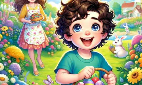 Un ragazzo di 8 anni, di nome Luca, con capelli ricci e occhi brillanti, si trova al centro dell'immagine, sorridendo con entusiasmo. Indossa una maglietta colorata e pantaloni corti, tenendo un cesto pieno di uova di Pasqua multicolori, mentre guarda intorno a sé con un'espressione di gioia ed eccitazione. Accanto a lui, sua madre, una donna di circa 35 anni, con capelli lunghi e castani, sorride orgogliosamente, indossando un grembiule floreale e tenendo un vassoio di deliziose pastine. Si trova leggermente in disparte, osservando il figlio con tenerezza. Sullo sfondo, un giardino incantevole è pieno di fiori vivaci, alberi maestosi e un cielo azzurro chiaro punteggiato di nuvole bianche e soffici. Coniglietti giocosi saltellano tra i fiori, aggiungendo un tocco di magia alla scena. La situazione principale mostra Luca in piena caccia alle uova, correndo gioiosamente attraverso il giardino, scoprendo uova nascoste dietro ai cespugli e sotto ai fiori, mentre amici ridono e giocano intorno a lui, creando un'atmosfera festosa e gioiosa.