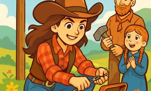 O cow-girl curajoasă, Mara, este în centrul imaginii, cu părul brun ondulat fluturând în vânt. Poartă o pălărie de cowboy, o cămașă cu carouri roșii și o vestă din piele, iar fața ei exprimă determinare și entuziasm. Ea repară un fir de telegraf, așezată lângă un stâlp de lemn, cu o cutie de unelte lângă ea. În fundal, un bărbat de aproximativ treizeci de ani, Grady, cu barbă roșie și haine pline de praf, o observă atent, ținând în mâini un ax rupt. Lângă el, o fetiță de zece ani, Nell, cu pistrui și o rochie din bumbac albastru, se uită cu admirație, cu ochii strălucind de excitație. Decorul este o pajiște însorită, presărată cu flori sălbatice colorate, cu dealuri verzi la orizont și un cer albastru deschis cu câteva nori albi pufoși. Situația principală o arată pe Mara concentrată pe sarcina ei, reparând firul de telegraf, în timp ce Grady și Nell o observă, reflectând spiritul de ajutorare și comunitate din această aventură de cowboy.