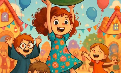 Tilly Twinkletoes, a 10-year-old girl, stands at the center of the stage with sparkling eyes and curly, tousled hair dancing around her face. She wears a colorful dress adorned with candy patterns and smiles enthusiastically while holding a giant sparkling pickle above her head like a trophy. Next to her, Wally Wobblewort, an 11-year-old boy in an oversized wizard robe, looks surprised and joyful, with his glasses sliding down his nose. He raises his arms as if ready to celebrate their victory. Benny Blunder, a 10-year-old boy, is picking up scattered cupcakes with an embarrassed smile, while Luna Lopsided, a 10-year-old girl, twirls nearby, laughing at the situation. The setting is in the central square of Whimsyville, surrounded by colorful houses with candy roofs, sparkling-leaved trees, and string lights illuminating the area. Balloons float in the air, and villagers laugh and dance around them, creating a festive and joyful atmosphere. The main scene shows Tilly and her friends celebrating their victory after defeating the Pickle Guardian in a hilarious dance contest, surrounded by laughter and joy, with the giant glowing pickle at the center of attention.