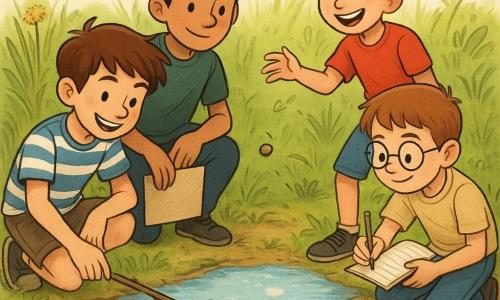 Four boys: Jamie (about 10) with messy brown hair and big smile, crouched left placing a small twig on a large puddle; Max (about 10) with slicked‑back blond hair under a red cap, standing right tossing a pebble and laughing, watching the puddle; Ethan (about 9) with brown hair and round glasses, kneeling behind Jamie taking quick notes in a notebook; Lucas (about 11) with short black hair and calm expression, crouched behind the twig holding a leaf to guide the ants, looking protectively at the line of insects. Setting: a wild backyard turned mini‑jungle with tall green grasses, dandelion stems, a mossy stump and a cracked sidewalk edge; the large puddle reflects blue sky and fluffy clouds, with twigs, pebbles and a floating leaf indicating the ants’ tiny scale. Main scene: countless black ants crossing the puddle on a twig bridge as the children collaborate—ants in a line, gentle ripples and small bubbles—bright warm light, sharp textures (glittering water drops, velvety moss, worn fabric) and playful doodle overlays (arrows, stars, motion lines) emphasizing the action.