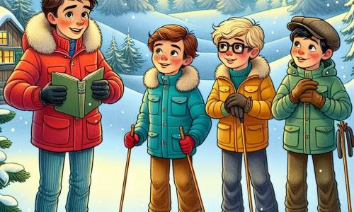 Czterej jedenastoletnich chłopców stoi na szczycie zaśnieżonego wzgórza. Tomek, z rozwianymi brązowymi włosami i szerokim uśmiechem, ma na sobie jaskrawoczerwoną kurtkę i czarne rękawice. Pokazuje swoim przyjaciołom, jak założyć narty. Po jego prawej stronie stoi Krzyś, blondyn w okularach, w niebieskim kombinezonie, który wygląda na nieco niepewnego, ale zdeterminowanego. Marek, z kasztanowymi włosami i spokojnym wyrazem twarzy, nosi zieloną kurtkę i uważnie obserwuje, trzymając swoje narty. Na końcu Piotrek, z czarnymi włosami i czapką, ma na sobie żółty płaszcz i zapisuje notatki w małym zeszycie, ciekawy nauki o narciarstwie. Krajobraz jest bajkowy: drzewa pokryte lśniącym śniegiem otaczają wzgórze, a niebo jest jasnoniebieskie, usiane puszystymi białymi chmurami. Na dole mała drewniana chatka delikatnie dymi, dodając ciepłego akcentu do tej zimowej scenerii. Chłopcy szykują się do nauki jazdy na nartach, pełni ekscytacji i oczekiwania, gotowi po raz pierwszy zjechać ze stoku, zjednoczeni przyjaźnią i przygodą.