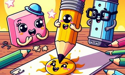 Un pequeño lápiz amarillo llamado Lalo, con una gran sonrisa y ojos brillantes, está dibujando un sol divertido con un sombrero en una hoja de papel. A su lado, una goma rosa llamada Ema, con mejillas redondas y una sonrisa alegre, aplaude mientras mira el dibujo. Un sacapuntas azul llamado Tito, con gafas y una expresión concentrada, está listo para afilar a Lalo para que pueda dibujar aún mejor. El decorado es una mesa de madera colorida, cubierta de lápices, marcadores y hojas de papel, con un gran sol brillante que ilumina la escena. La situación principal muestra a Lalo dibujando, rodeado de sus amigos, todos riendo y divirtiéndose juntos, creando un ambiente alegre y amistoso.