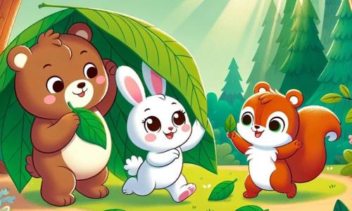 Un adorable oso marrón llamado Bruno, con un pelaje suave y ojos brillantes de alegría, sostiene una gran hoja verde sobre su cabeza para proteger a sus amigos del viento. Junto a él, un pequeño conejo blanco llamado Pipo, con orejas largas y una sonrisa traviesa, salta sosteniendo una hoja más pequeña en sus patas delanteras, riendo. Un poco más lejos, una pequeña ardilla roja llamada Lila, con una cola esponjosa y ojos brillantes de emoción, coloca hojas para construir una casa, levantando los brazos para mostrar su creatividad. El lugar es un hermoso bosque soleado, con árboles majestuosos de hojas verdes brillantes, flores coloridas en el suelo y rayos de sol filtrándose a través de las ramas, creando un ambiente alegre y cálido. La escena principal muestra a los tres amigos construyendo juntos una casa de hojas, riendo y divirtiéndose, con hojas volando a su alrededor por el viento, ilustrando la alegría de la amistad y la aventura.
