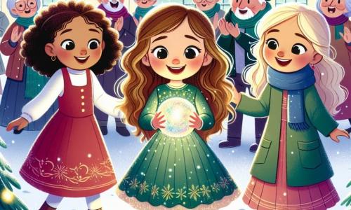 Três meninas pequenas, Maria, Joana e Ana, de 2 anos, estão em um jardim coberto de neve. Maria, com cabelos cacheados e uma roupa vermelha, sorri segurando uma bola brilhante. Joana, com cabelos loiros e lisos, usa um casaco verde e dança alegremente. Ana, com cabelos castanhos e um cachecol azul, observa a bola mágica com admiração. O jardim é decorado com flocos de neve cintilantes e pinheiros iluminados por luzes coloridas. Ao fundo, um grupo de velhos amigos aplaude as meninas. A bola mágica flutua acima delas, projetando luzes brilhantes e emitindo uma suave música de Natal. As meninas dançam e cantam, criando uma atmosfera alegre e festiva, cheia de risos e amizade.