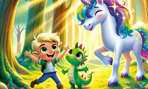 Um duende chamado Pip, um garotinho com orelhas pontudas, cabelo verde e um sorriso radiante, está alegremente à beira de um lago cintilante, com os braços levantados em sinal de vitória. Ao seu lado, uma linda unicórnio chamada Luna, com pelagem branca brilhante e uma crina colorida como um arco-íris, olha para Pip com olhos brilhantes de orgulho. Ao fundo, um pequeno dragão chamado Drago, com escamas verdes e olhos curiosos, se aproxima timidamente, com um sorriso no rosto. O cenário é uma floresta encantada, com árvores majestosas e troncos grossos adornados com flores coloridas, enquanto a luz do sol filtra pelas folhas, criando reflexos dourados na água do lago. A cena transmite uma atmosfera mágica e alegre, cheia de cores vibrantes e detalhes encantadores. A situação principal mostra Pip, Luna e Drago celebrando sua vitória após encontrar a preciosa Estrella do Amanhã, que brilha intensamente nas mãos de Pip, iluminando seus rostos com uma luz calorosa e amigável.
