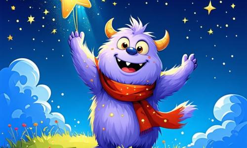 Milo, um pequeno monstro de olhos grandes e peludos, com um sorriso radiante, está no topo de uma colina, braços levantados para o céu estrelado. Seu pelo é de um roxo suave, salpicado de manchas douradas, e ele usa um pequeno cachecol vermelho que flutua ao vento. Ele expressa grande alegria e admiração enquanto observa a luz de uma estrela que começa a brilhar intensamente. Ao seu lado, Gilda, um grifo majestoso com asas douradas e cabeça de falcão, observa Milo com um olhar benevolente e encorajador. Suas penas brilham sob a luz das estrelas, acrescentando um toque mágico à cena. O cenário é um reino fantástico flutuando nas nuvens, com árvores de açúcar e rios de gelatina serpenteando pela paisagem. O céu está cheio de estrelas cintilantes e nuvens fofas, criando uma atmosfera de sonho. A cena principal mostra Milo, cheio de coragem e determinação, levantando os braços para restaurar o brilho de uma estrela quase apagada, simbolizando sua jornada em busca da magia e da amizade neste mundo encantador.
