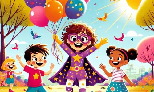 A heroína, Lúcia, é uma mulher alegre com cabelos cacheados e óculos coloridos. Ela usa um traje de super-heroína roxo com estrelas douradas e sorri enquanto lança balões coloridos ao ar. Ao lado dela, Canivete, um garoto de cerca de 10 anos com cabelos castanhos bagunçados e uma camiseta vermelha, pula para pegar um balão que está voando. Um pouco mais longe, Pipoquinha, uma menina de 9 anos com cabelos loiros trançados e um vestido de bolinhas, estoura um balão com um grande sorriso, fazendo os pássaros ao redor rirem. A cena acontece em um parque ensolarado, cheio de árvores verdes e flores coloridas, com pássaros cantando nos galhos. No centro, Lúcia e seus amigos se divertem soltando balões, enquanto os passarinhos curiosos voam ao redor, criando uma atmosfera alegre e lúdica.