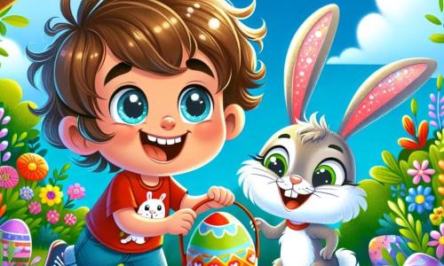 A 4-year-old boy named Max, with messy brown hair and a big joyful smile, is searching for Easter eggs in a sunny garden. He wears a red t-shirt with a small bunny on it and denim shorts. His eyes shine with excitement as he bends down to pick up a colorful egg hidden under a flower. Next to him, a small magical bunny named Bunny Bella, with sparkling fur and long ears, joyfully hops while holding a heart-shaped egg in her front paws, looking at Max with a mischievous smile. The garden is filled with bright flowers, tall green trees, and a clear blue sky dotted with fluffy white clouds. Colorful Easter eggs are hidden everywhere, under bushes and near garden toys. The main scene shows Max and Bella happily hunting for eggs, surrounded by a festive and joyful atmosphere, with shiny eggs and Easter decorations adding to the magic of the moment.