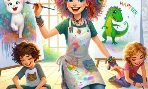 Clara, a curly-haired artist with colorful hair, expresses contagious joy with a big smile while painting a vibrant mural on a large white wall. She wears a paint-splattered blouse, and her eyes shine with enthusiasm as she guides the children in their artistic creation. Mia, an 8-year-old girl with braids and a cat-patterned t-shirt, sits on the floor, focused on her drawing of a playful cat, surrounded by colored pencils. Leo, a 9-year-old boy with messy brown hair, stands next to her, holding a paint palette and painting a green dinosaur with bright splashes of color. The scene takes place in the Artville community center, filled with natural light filtering through large windows. The walls are decorated with children's drawings and colorful garlands, creating a warm and welcoming atmosphere. The main situation shows Clara and the children joyfully collaborating to create a mural that celebrates their community, each adding their personal touch to this collective artwork, filled with vibrant colors and imagination.
