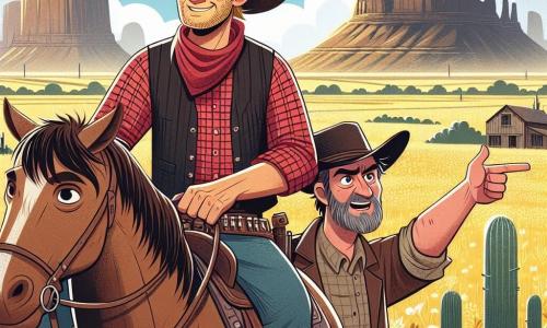 Jake, een dappere cowboy van ongeveer dertig jaar, draagt een grote cowboyhoed en een rood geruit overhemd. Zijn gezicht is getekend door avontuur, met een vastberaden glimlach en ogen die stralen van opwinding. Hij staat stevig op zijn paard, Rusty, een prachtige bruine mustang, en kijkt met een uitdagende blik naar de horizon. Naast hem staat Hank, een man van veertig met een verweerd gezicht en grijs haar, die met een vinger wijst naar de majestueuze Zilveren Pieken, met een uitdrukking van verbazing en bewondering. Een jonge man, Billy, achttien jaar oud met tousled blond haar, zit op een steen en kijkt naar Jake met bewondering, verlangend om het avontuur te beginnen. De achtergrond toont een uitgestrekte gouden prairie, bezaaid met cactussen en wilde bloemen, met de Zilveren Pieken in de verte, imposante bergen met glinsterende toppen onder de ondergang van de zon. De lucht is helderblauw met donzige witte wolken. De hoofdscène toont Jake, Hank en Billy die zich voorbereiden om op avontuur te gaan naar de bergen, met een oude kaart in de hand, klaar om de legendarische schuilplaats van de verborgen schat te ontdekken.