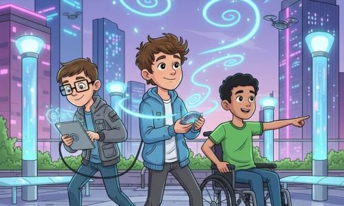 Drie jongens van ongeveer 13 jaar: Jasper, bruin haar, lichte blauwe jas, dromerige blik, staat licht naar voren en houdt een rond apparaat dat hologrammen uitzendt; Sam, kort haar, vierkante bril, grijze jas met zakken, links van Jasper en geconcentreerd op een glanzende tablet die verbonden is met het apparaat; Dan, in een elektrische rolstoel, kort zwart haar, felgroen T-shirt, rechts van Jasper iets achteraan en wijst een vluchtroute aan. Locatie: klein dakpark tussen futuristische wolkenkrabbers met metallic bestrating, verticale bloembakken met lichtgevende planten, transparante banken, holografische lantaarns en een verre skyline met roze- en blauwnéons en laagvliegende drones. Situatie: de drie vrienden beschermen het lichtgevende apparaat tegen onzichtbare achtervolgers — dynamische actiescène met knipperende apparaten, blauwe hologrammen die in spiralen omhoog gaan, snelle bewegingen en een avontuurlijke, vastberaden maar optimistische sfeer.