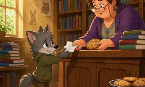 Un pequeño lobo infantil antropomórfico (lupito) de pelaje gris, orejas grandes y temblorosas, ojos redondos algo húmedos y sonrisa tímida, tiende una nota blanca arrugada hacia el mostrador; una bibliotecaria humana rellenita, cabello castaño rizado en un moño, gafas en cadena y rostro amable se inclina desde el mostrador de madera para recibir la nota y ofrecerle una galleta grande y redonda; al fondo, una pila de libros y una alta estantería de roble con libros coloridos y etiquetas manuscritas bañadas por rayos de sol; el mostrador barnizado, carteles de animales en la pared, una alfombra cálida y una mesa baja con un bote de galletas completan la escena que, iluminada con luz cálida, muestra el momento en que el lobo supera su miedo mediante el intercambio de la nota y la galleta como consuelo.