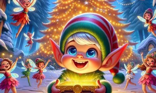 In una foresta incantata, un piccolo elfo della neve di nome Pippo, con orecchie a punta, occhi brillanti come stelle e un sorriso radioso, danza gioiosamente sotto un grande albero luminoso, tenendo un scrigno dorato nelle mani, irradiando felicità ed eccitazione. Intorno a lui, piccole fate scintillanti, con ali colorate e abiti fatti di petali di fiori, volano in cerchio, ridendo e lanciando polvere magica, i loro volti esprimendo gioia ed entusiasmo. Il luogo è un paesaggio invernale da favola, con alberi maestosi coperti di neve scintillante, luci brillanti che illuminano la notte e un cielo stellato che aggiunge un tocco di magia all'atmosfera. La scena principale mostra Pippo che, con uno sguardo meravigliato, apre il cofano magico, liberando una luce splendente che avvolge la foresta, simboleggiando la magia del Natale e la gentilezza che si diffonde nel villaggio.