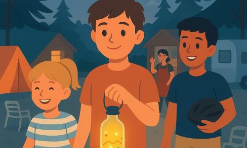 A 12-year-old boy with a round face, messy brown hair, bright eyes and a focused smile stands proud and serene in the center of a campsite lane holding a decorated bottle lantern; his 8-year-old sister with a blonde ponytail laughs softly and walks beside him swinging the lantern with one hand, wearing a striped tee and blue shorts; another boy, about 12 (Nico), with short black hair and a bike helmet under his arm follows on the right smiling admiringly; a woman in her forties with short dark hair and a red apron sits by a small wooden shop with the door ajar in the background and waves; the setting is a dusk campsite lane with string lights between pines, colorful tents and caravans, sandy ground and warm, soft lighting—a peaceful family evening walk with the boy proudly showing his illuminated bottle lantern under the lights, pastel tones and gentle contrasts.
