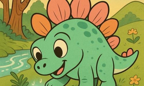 Um estegossauro chamado Luma, sorridente e maravilhado, com placas dorsais largas e arredondadas rosa e laranja, pele verde-menta salpicada e olhos grandes e brilhantes, inclina a cabeça e estende uma pata para uma pequena pedra brilhante azul-céu com reflexos prateados que emite um brilho suave e notas musicais visíveis como bolhas cintilantes, pousada sobre um tapete de samambaias junto às patas; ao fundo corre um ribeiro espumante entre árvores muito altas de troncos castanhos ondulados e folhas em leque, há uma colina gramada à direita com flores amarelas sob um céu em tons pastéis com nuvens fofas; cena centrada, doce, cores vivas e contornos grossos, expressão alegre e curiosa, pensada para crianças pequenas.