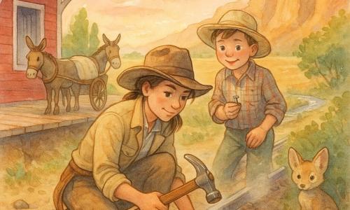 Cowgirl about 20–25, confident gaze and calm smile, brown hair under a worn hat, beige canvas jacket and dusty boots, squatting by shiny rails holding a railroad hammer to drive a spare spike with a concentrated, kindly expression; a 12‑year‑old boy with flushed face, short hair, rumpled straw hat and plaid shirt stands just behind her left, holding a small shiny spike and looking up in admiration; a fawn‑fur coyote pup with oversized ears and plume tail sits in the shadow of a bush to the right, curious; a mule hitched to a small unloaded canvas cart is pegged near the path in the left background; pale red wooden station stop with plank platform, rails stretching toward ochre cliffs and golden prairie with poplars and a nearby stream, warm sunset sky with pink clouds; an improvised rail repair after a small embankment slump, cooperative atmosphere, dust, tools and stones around, composition centered on the woman teaching the boy, soft heroic mood.