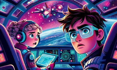Max, ein junger Mann mit zerzausten braunen Haaren und futuristischen Brillen, sitzt im Cockpit seines Raumschiffs "Galaxia". Sein Gesicht zeigt intense Entschlossenheit, mit leuchtenden Augen voller Aufregung und Sorge. Er konzentriert sich auf die Steuerung, umgeben von leuchtenden Knöpfen und holographischen Bildschirmen. Neben ihm beobachtet Emma, ein 12-jähriges Mädchen mit geflochtenen blonden Haaren und einem ermutigenden Lächeln, die Sterne durch das Fenster. Sie trägt einen bunten Raumanzug und hält ein Tablet, bereit, Max bei den notwendigen Berechnungen zur Erreichung der Station zu helfen. Das Raumschiff fliegt durch einen sternenklaren Himmel, gefüllt mit Planeten in lebhaften Farben und funkelnden Kometen. Rosa und lila Nebel schweben im Hintergrund und schaffen eine magische und dynamische Szene. Max und Emma bereiten sich darauf vor, ein dringendes Problem zu lösen: die große Raumstation Aurora, die in der Ferne sichtbar ist, blinkt besorgniserregend. Sie müssen schnell handeln, um die in Gefahr befindliche Besatzung zu retten, während Meteoriten mit hoher Geschwindigkeit um sie herumsausen und der Abenteuerreise eine spürbare Spannung verleihen.