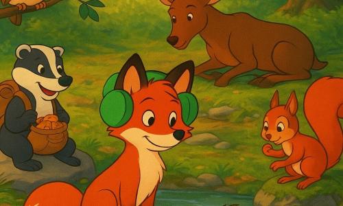 Mika, ein junger rotbrauner Fuchs mit weichem Fell und zwei Mooskissen an den Ohren, steht ruhig und stolz am Ufer, lächelt leicht und blickt auf einen kleinen Tümpel, in dem ein Igel trinkt; links von ihm Leni, ein gedrungener schwarzweiß gestreifter Dachs, lächelt und hält einen Rucksack mit Keksen auf einem Stein; im Hintergrund kniet Bram, ein großer brauner Hirsch, und legt behutsam einen flachen Stein an den Rand des Beckens; rechts auf einem Felsen putzt das lebhafte rote Eichhörnchen Kaja seine Pfoten und hält einen kleinen Zweig; über der Gruppe sitzt Frau Eule, eine runde Eule mit großen runden Brillen, auf einem niedrigen Ast und beobachtet. Szene: schmales Bächlein mit klarem, glänzendem Wasser, feuchten flachen Steinen, Moos und grünem Laub, warmes spätnachmittägliches Licht; Hauptsache: die Tiere haben einen sicheren kleinen Tümpel fertiggestellt, Mika schützt sich mit seinen Mooskissen und schaut friedlich auf den trinkenden Igel, Symbol für Zusammenhalt und Ruhe. Visueller Stil: klare Linien, gesättigte warme Farben, weiche Texturen, ausdrucksvolle empathische Mimik, leichte Tiefenwirkung, Komposition zentriert auf Mika.