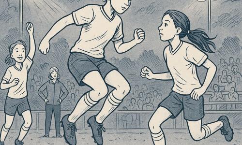 Eine junge Fußballerin namens Mila (ca. 14–16 Jahre), konzentriertes, ruhiges Gesicht, Pferdeschwanz, Brust leicht nach vorn, springt für einen leichten, präzisen Kopfball mit der Stirn; entschlossene, gelassene Miene, elegante Haltung, kurzes Trikot, Shorts, sichtbare Schienbeinschoner. Im Hintergrund links die Mitspielerin Jule (~15) mit erhobenen Armen, laufend und lächelnd—sie hat die Flanke gespielt. Neben Mila eine Gegnerin (~15), ebenfalls in der Luft, konzentriert, Arme zum Ausgleich; beinahe nebeneinander im fairen Luftduell ohne harten Kontakt. Hinten rechts Lina (~15) im Strafraum bereit anzunehmen und zu schießen. Am Spielfeldrand Trainerin Kessler (Erwachsene) mit Händen in der Hüfte, zustimmender Blick. Tribüne mit applaudierenden Silhouetten, einige Schals und Westen sichtbar. Schauplatz: nasser Rasen unter runden Scheinwerfern, Fußspuren und Matschspritzer, Toraus- und Seitenlinie markiert, kleine hölzerne Tribüne, abendlicher, wolkenverhangener Himmel. Szene: der genaue Moment des anmutigen, kontrollierten Kopfballs, der den Ball wie eine kleine Brücke zu Lina schickt; gespannte, faire Atmosphäre, dynamische, flüssige Bewegung im Sprung. Stil: feine Tuschelinien, klare Konturen, strukturierte Details für Gras und Kleidung, ablesbare Gesichtsausdrücke, Komposition zentriert auf Milas Sprung, starker Kontrast zwischen Figuren und Hintergrund.