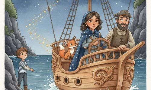 Safiya, een jonge vrouw van ongeveer 16–18 jaar met een ovaal gezicht, karamelkleurige huid en zwart glad haar onder een met zilveren sterren geborduurde mantel, staat midden op het dek en houdt de scheepsstuur vast met een vastberaden maar zachte blik; een mannelijke kapitein van circa 45 jaar met donkere baard en versleten matrozenkleding kijkt opgelucht vooruit met een hand aan de reling rechts van Safiya; een jongen van circa 12 jaar met krullend haar kijkt bezorgd en vervolgens gerust en houdt de hand van een matroos bij het achterschip links; een klein rood vosje met amberkleurige ogen zit speels en alert naast Safiya op het dek. Het schip is groot, uit hout gesneden in warme tonen en vaart op een indigo nachtzee tussen donkere, puntige kliffen onder een sterrenhemel waar een baan van kleine gouden sterren een pad boven het water vormt. Het schip navigeert voorzichtig tussen dreigende rotsen langs die sterrenbaan; fonkelende golven spatten op het dek en het sterrenlicht weerspiegelt als een gouden pad op het water, met een magische, geruststellende sfeer en zachte contrasten tussen blauwig schaduwlicht en warme gouden en zilveren accenten.