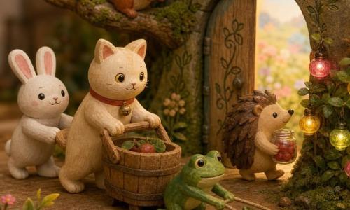 A painted wooden cream kitten with golden round eyes and a red bell, looking brave and warm, gently pushes a wooden basket while a white wooden rabbit with pink ears and a smiling face helps on the kitten's left; a green wooden frog with bright eyes pulls a small leaf boat stuck in mud in front of them, and a brown wooden hedgehog carrying a jar of sparkling red berries walks by a stone door to feed lanterns, while a reddish wooden squirrel with a painted bushy tail perches on a branch above, curious; the scene is centered before a slightly open moss-covered stone door carved with vine patterns revealing a pastel meadow, with miniature glass lanterns in pink, gold, and green hanging in a bush casting soft light, warm pastel colors, visible wood grain textures, soft shadows, childlike diorama style emphasizing mutual aid.