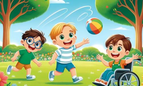 In a sunny park, three friends are having fun together. Sam, an 8-year-old boy with brown hair and glasses, joyfully runs on the green grass, a big smile on his face. Leo, a 7-year-old boy with blonde hair and sparkling eyes, is throwing a colorful ball in the air, laughing heartily. Max, a 9-year-old boy with brown hair and a bright smile, is in his wheelchair, surrounded by colorful flowers, enthusiastically cheering for his friends. The park is filled with majestic trees with green leaves, and vibrant flowers of all colors dance in the wind. A large blue sky stretches above them, dotted with a few fluffy white clouds. The three friends play together, running, laughing, and throwing the ball, enjoying their joyful summer day of friendship.