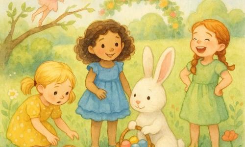 Five characters: Lily, 6, blonde pigtails in a yellow polka-dot dress, crouching left reaching toward a small wicker basket; Mia, 6, curly brown hair in a blue ruffled dress, standing center smiling curiously at the rabbit; Sophie, 6, braided red hair in a light green dress, right with hands on hips laughing; a small fluffy white rabbit with pink ears holding a colorful wicker basket slightly in front of the girls and looking grateful; and a tiny fairy with luminous skin, iridescent translucent wings, pastel dress and silver hair perched on a low branch above the basket pointing gently toward the hiding place — set in a sunny spring meadow of bright green grass, multicolored wildflowers and a flower arch, pale blue sky with cottony clouds; scene: the three girls help the rabbit find its Easter egg basket as the fairy shows the safe spot, joyful pastel watercolor textures, triangular composition, expressions of surprise and kindness.
