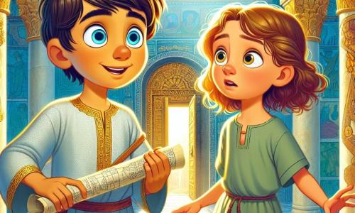 A young boy named Alexios, around 10 years old, stands in the center of the image with bright eyes and an enthusiastic smile. He wears a light blue linen tunic adorned with golden patterns and holds an old rolled-up map in his hands. Next to him is his best friend Theodora, a 9-year-old girl with wavy brown hair and a curious look. She wears a simple green cotton dress and points to a hidden door behind a rug, her face lit up with excitement. Their environment is the Great Palace of Constantinople, featuring high ceilings adorned with golden mosaics and majestic columns. Sunlight filters through stained glass windows, casting vibrant colors on the marble floor. The scene captures the moment Alexios and Theodora discover the secret door, filled with anticipation and mystery, ready to embark on a new adventure.