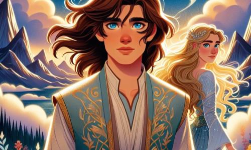 Prince Rowan, a young man of about 16, stands atop a majestic mountain, his brown hair flowing in the wind. He wears a sky-blue tunic adorned with golden patterns, and his face expresses bright determination, with deep blue eyes shining with hope. He reaches out toward a sparkling star above him, illuminating his face with a soft silver light. Beside him, Elara, a beautiful young woman of about 18 with sun-like golden hair and a flowing pastel dress, watches him with admiration. Her gaze is warm and confident, and she stands slightly back, ready to support the prince in his quest. In the background, the landscape is spectacular: fluffy clouds surround the mountain peak, and a starry sky stretches infinitely, dotted with bright constellations. Colorful flowers and sparkling rocks add a touch of magic to the scene. The main situation depicts Prince Rowan and Elara facing a challenge as they prepare to grasp the light of the star, symbolizing their courage and love in a moment of tension and excitement.