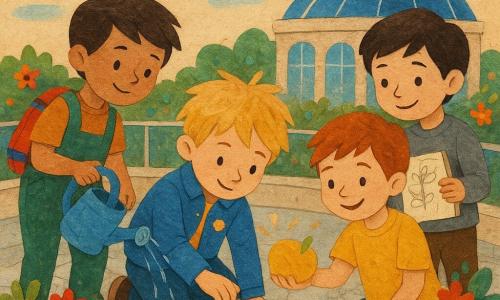 Four 7-year-old boys: Jasper (blond messy hair, blue jacket with a small shiny solar badge, holding a decorated seed ball, centered and leaning toward the soil); Milo (brown tousled hair, green overalls, colorful tool bag, left of Jasper, ready to pour water from a small canteen); Remy (red hair, yellow T‑shirt, holding a glowing apple, right of Jasper, smiling at the sprouts); Theo (black hair, gray sweater, sketchbook with visible drawings, slightly behind Jasper, hand reassuring on his shoulder). Setting: circular rooftop garden atop a glass solar rotunda with silver-tiled floor, transparent balustrade, overflowing rounded beds of cut-paper flowers, stylized solar panels reflecting blue and silver, and bright paper butterflies and birds above. Main action: the four children toss and plant round seed bombs; cracked earth immediately greens with lime shoots and red, blue, and orange flowers bursting like paper confetti in optimistic golden morning light, with torn textures and layered colored paper emphasizing movement and joy.