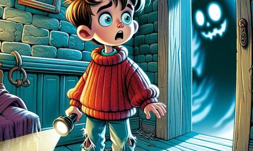 An 8-year-old boy named Timmy stands at the threshold of an old wooden door, his wide eyes shining with excitement and fear. He has messy brown hair, an oversized red sweater, and blue pants torn at the knees. In his hand, he holds a small flashlight illuminating his worried face. Inside the house, a mysterious shadow appears in the corner, a blurry silhouette that could be a ghost or spirit. This shadow is barely visible but exudes an intriguing and frightening aura. The setting is the interior of the old Willowby house, with gray stone walls, cobwebs in the corners, and ancient portraits with piercing eyes that seem to follow Timmy. The floor is covered in worn old carpets, and moonlight filters through dusty windows, creating dancing patterns on the ground. The main scene depicts Timmy, hesitant yet determined, ready to enter the dark house, while a cold breeze rustles the curtains, adding a touch of mystery to the atmosphere.