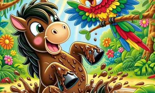 Un caballo llamado Pepino, con un pelaje marrón brillante y una melena ondulada, está cubierto de barro después de resbalar en un charco. Tiene una gran sonrisa en su rostro, mostrando que se divierte a pesar de su estado. Junto a él, un loro colorido llamado Lolo, con plumas verdes, rojas y amarillas, se ríe a carcajadas, posado en una rama de árbol. El escenario es una jungla exuberante, llena de grandes hojas verdes, flores brillantes y rayos de sol filtrándose a través de los árboles. La escena muestra a Pepino levantándose del charco, salpicando agua y barro, mientras Lolo se divierte burlándose de él, creando una atmósfera alegre y juguetona.