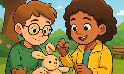An 8-year-old girl, Mia, with curly brown hair and a warm smile, is sitting at a wooden repair table under a large oak tree. She is wearing a bright yellow jacket and holding a needle and thread, focused and joyful. Next to her, a 9-year-old boy, Jonah, with round glasses and an attentive expression, is helping to sew a stuffed rabbit. He is wearing a green sweater and is seated to Mia's left. In the background, there is a lush park with wooden benches and flowering bushes. The main scene shows Mia and Jonah repairing toys together under a blue sky dotted with white clouds, creating an atmosphere of cooperation and kindness.