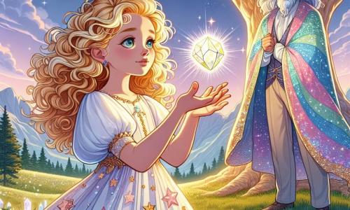 In the center of the image, a 10-year-old girl, Amelia, with curly golden hair, wears a colorful dress adorned with star patterns. Her face shows a mix of determination and wonder as she holds a radiant Gem of Illumination that sparkles brightly. Beside her, Zephyr, a mysterious man in his 30s dressed in a flowing rainbow-colored robe, watches her with a kind smile, his long silver hair gently blowing in the wind. The setting is an enchanting landscape with a pastel-colored sky, lush green hills, and a majestic oak tree whose branches seem to whisper secrets. Shimmering crystals emerge from the ground, reflecting the light from the gem. The scene depicts the moment when Amelia, full of courage, prepares to use the Gem of Illumination to restore balance between magic and science, surrounded by the mystical beauty of the Valley of Whispers.