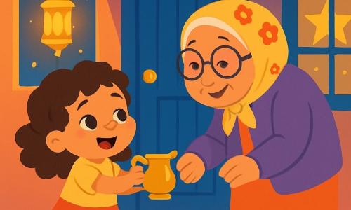 A 4-year-old girl named Aya, with curly brown hair, is wearing shiny red shoes. She has a radiant smile and sparkling eyes, holding a small brass pitcher in her little hands. Next to her is her neighbor, Auntie Noor, an elderly woman around 60 years old, wearing a floral scarf and round glasses. She is smiling warmly at Aya, ready to receive the pitcher. The scene is set in front of a house with a blue door, illuminated by golden lanterns hanging and shimmering in the soft evening light. Paper stars decorate the windows of neighboring houses, creating a festive and warm atmosphere. Aya, looking determined and joyful, is about to bring a refreshing drink to her neighbor before the Ramadan meal, as the sky gently darkens, giving way to the magic of the night.